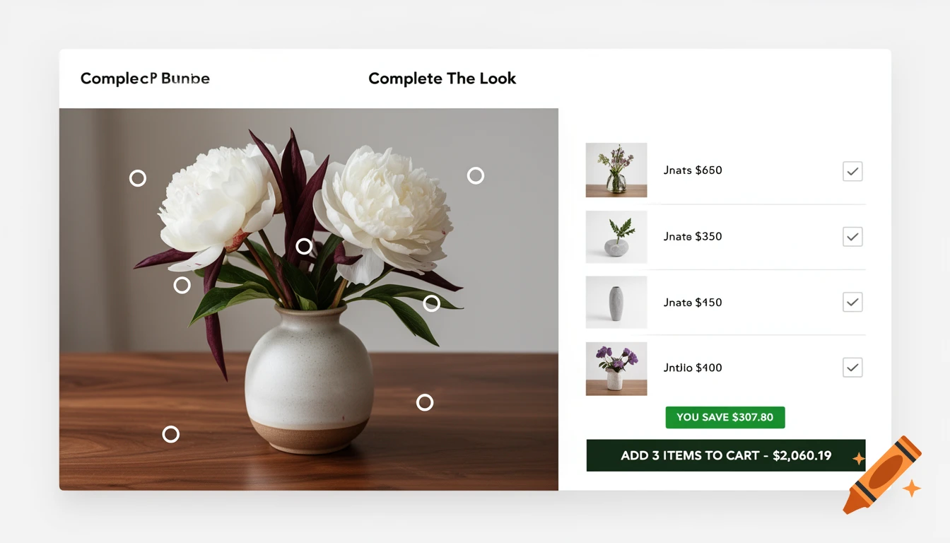 A clean e-commerce UI displaying white peonies in a ceramic vase, with product listings, savings, and an "Add to Cart" button.