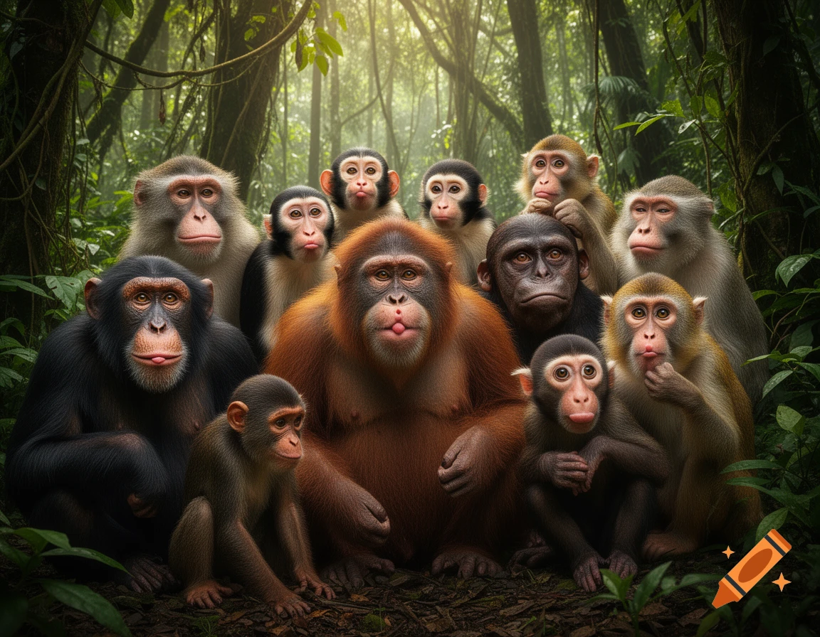 A diverse group of photorealistic monkeys and apes with slightly disappointed expressions sitting in a sun-dappled jungle.
