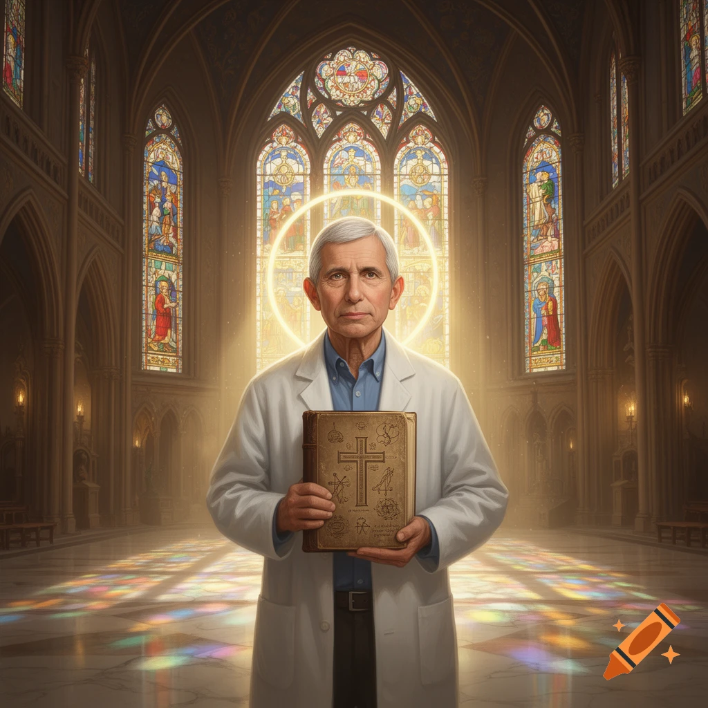 A man resembling Dr. Fauci in a lab coat, holding a book with a cross, stands with a halo in a sunlit church.