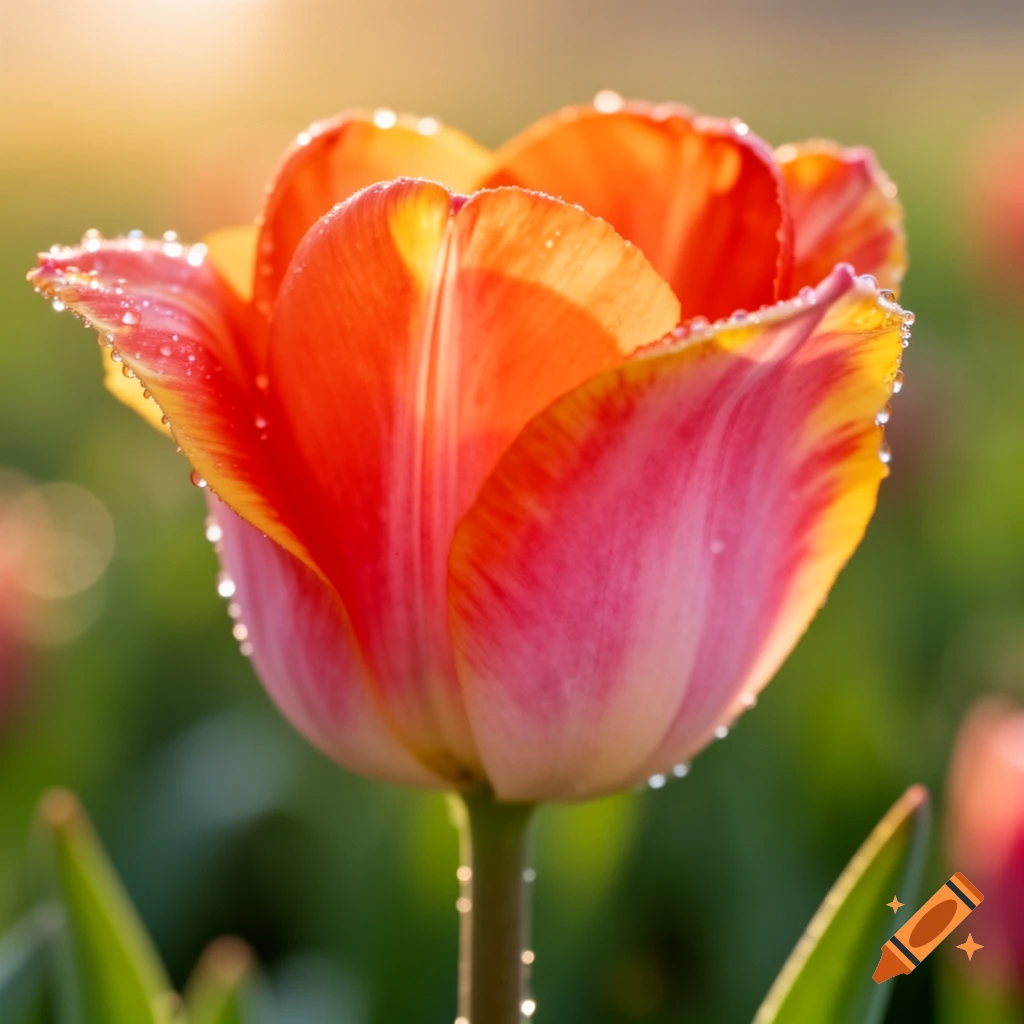 Close-up of a vibrant red and yellow tulip covered in dew drops, glowing in soft sunlight.