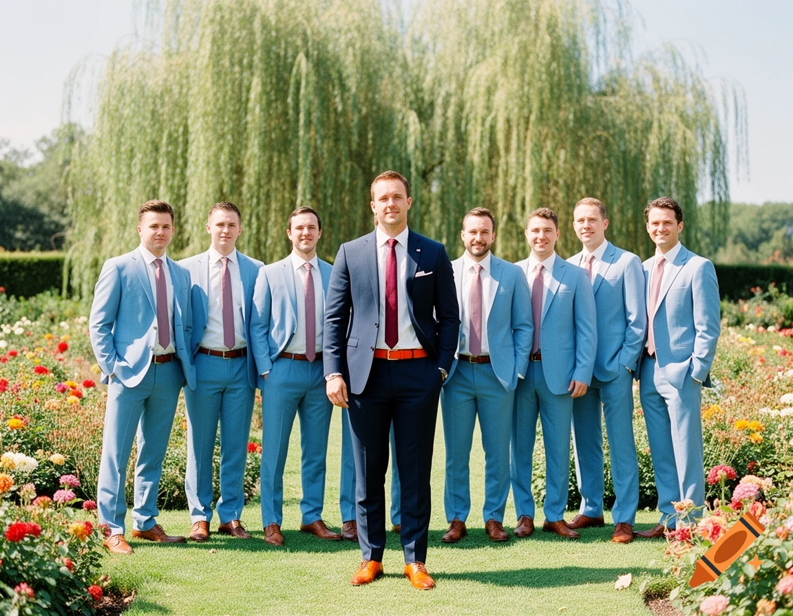 A groom in a navy suit, chili belt and shoes, and burgundy tie with seven groomsmen in baby blue suits, brown belts and shoes, and mauve ties, standing in a sunny garden.