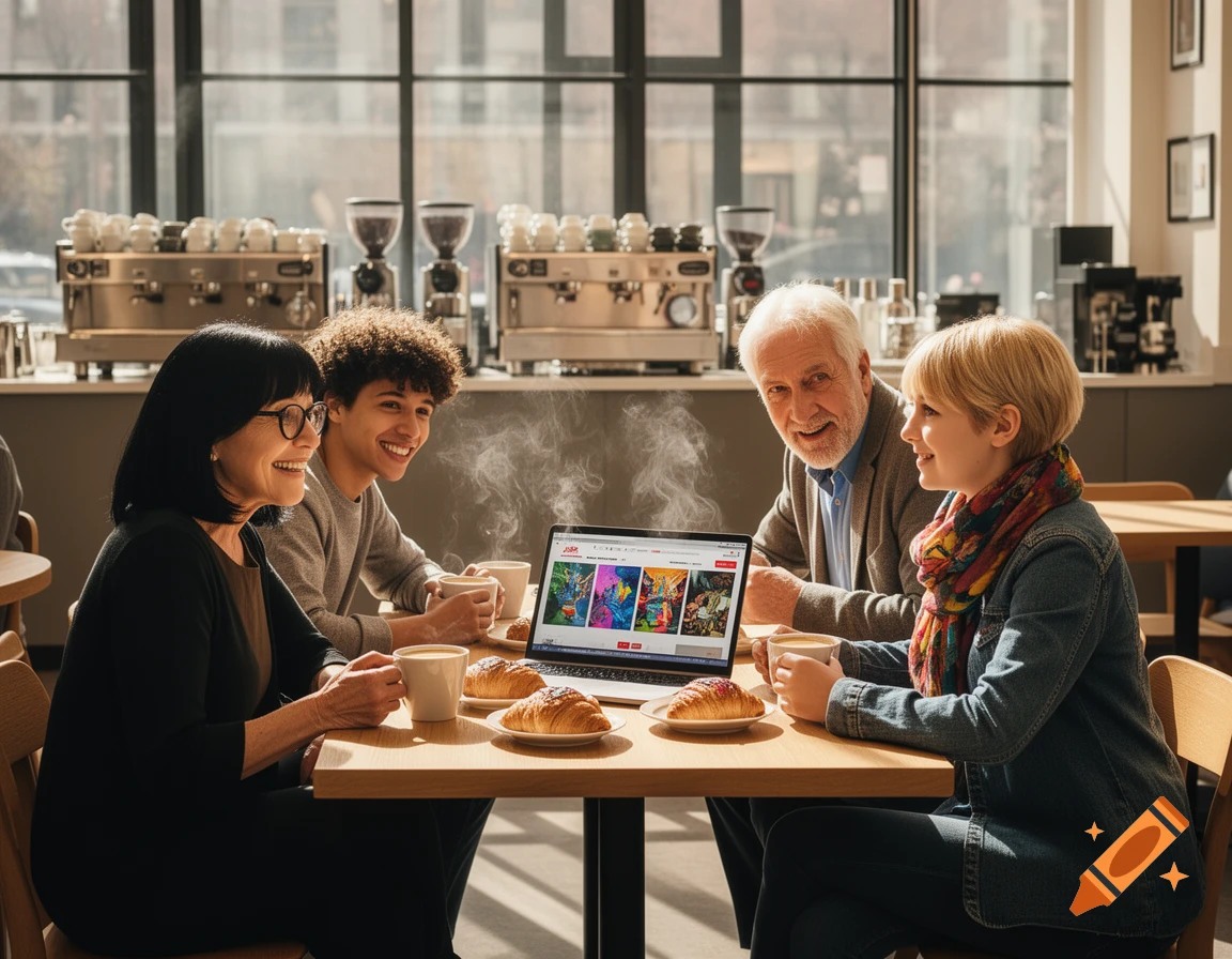 Four people, two older adults and two younger, sit around a wooden table in a sunlit coffee shop, chatting and looking at a laptop with croissants and coffee cups. Photorealistic style.
