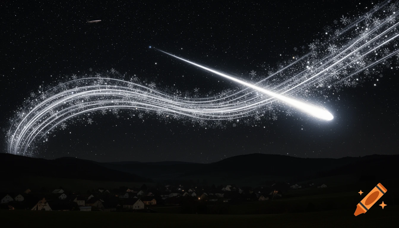 A brilliant meteor with a shimmering snowflake trail streaks across a dark, starry night sky above a silhouetted village and hills.