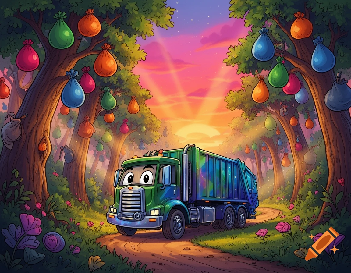 Friendly cartoon garbage truck driving on a forest path with trees full of colorful bags under a sunset sky.