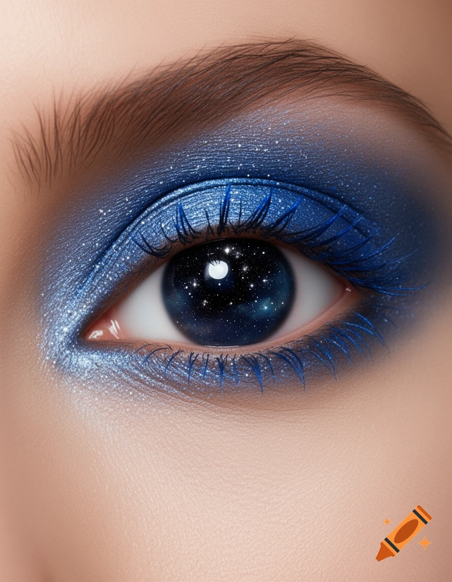 Close-up of an eye with shimmering blue eyeshadow, blue eyelashes, and a pupil depicting a starry night sky.
