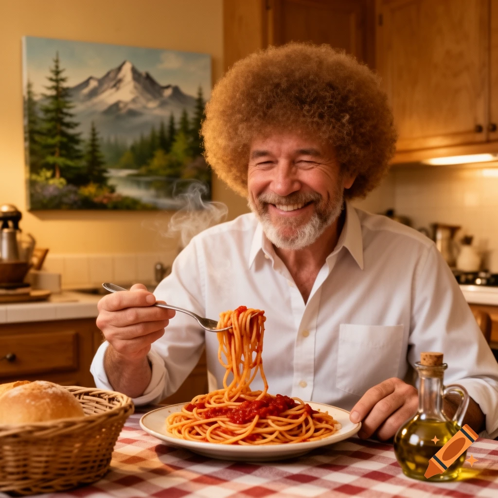 A man resembling Bob Ross with an afro smiles while eating a large plate of spaghetti in a cozy kitchen setting, with a mountain painting behind him.