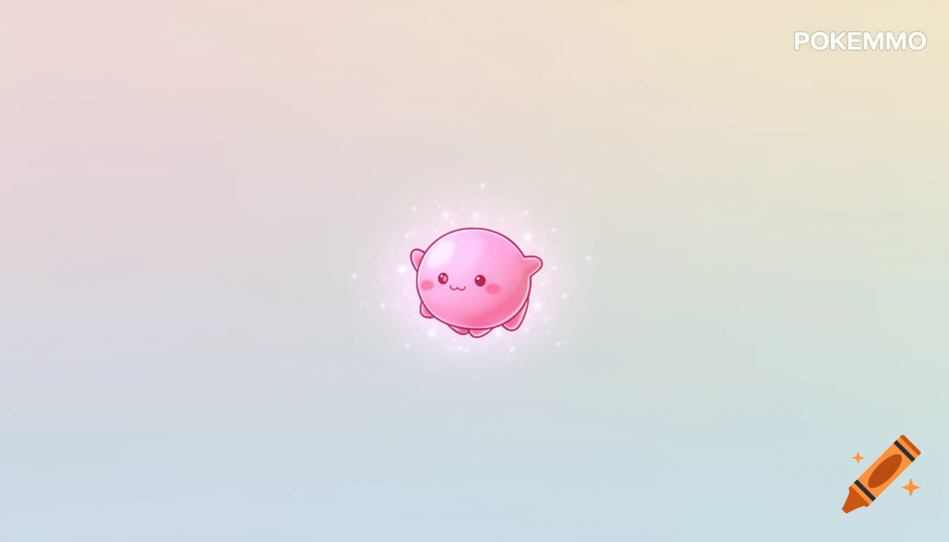 A cute, sparkling pink, round cartoon creature, resembling Jigglypuff, floats against a soft gradient background with 'POKEMMO' in the corner.