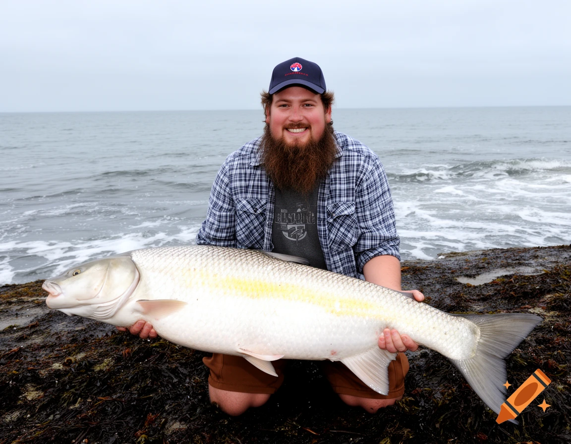 Smiling man kneels on seaweed-covered rocks by the ocean, holding a large silver fish under an overcast sky. Photorealistic.