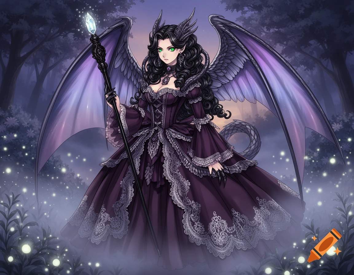 An anime dragon lady in a purple gothic Victorian dress with wings, horns, and green eyes, holding a staff in a misty forest.