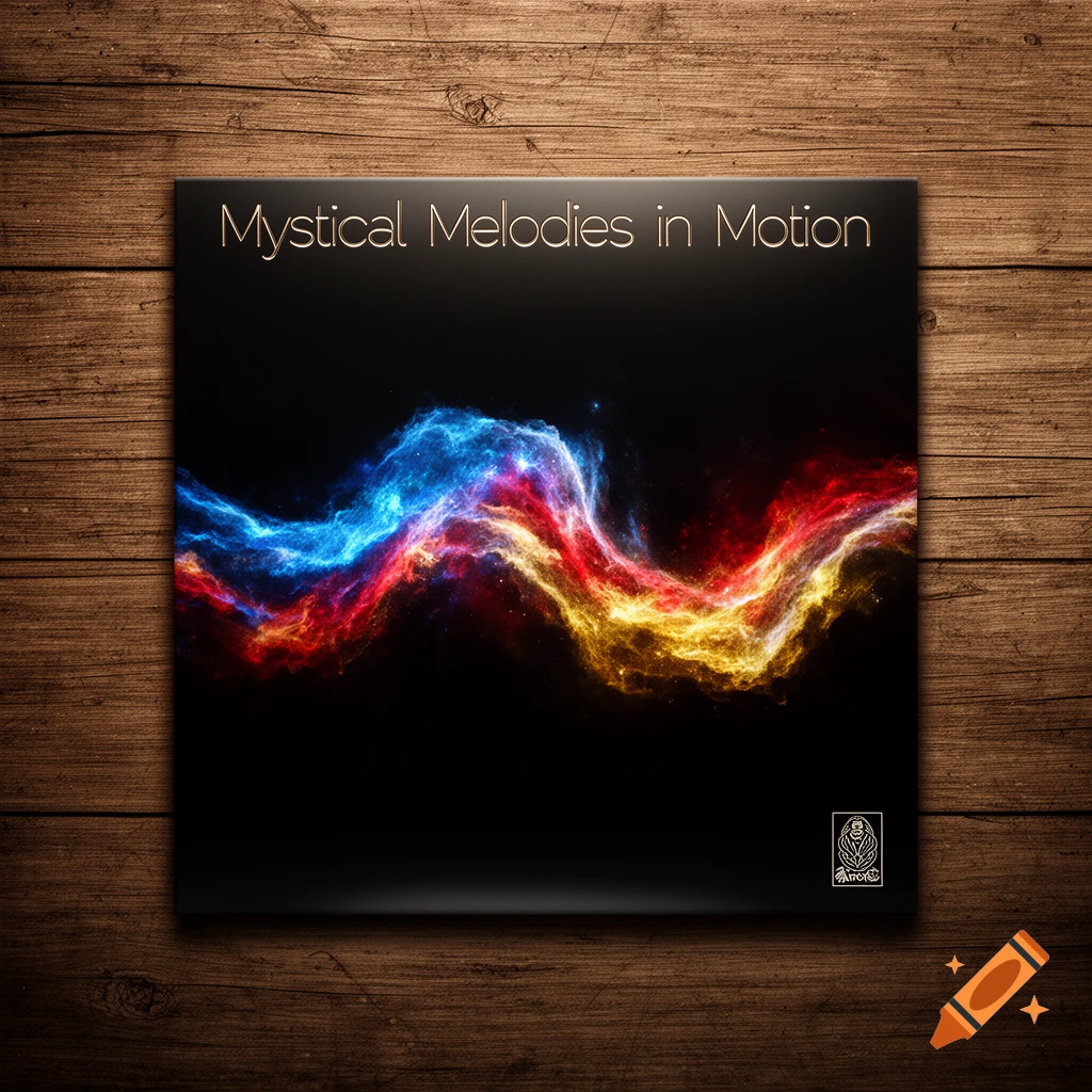 An album cover titled 'Mystical Melodies in Motion' featuring a vibrant, wavy light spectrum of blue, red, and gold, set against a black background on a wooden table.