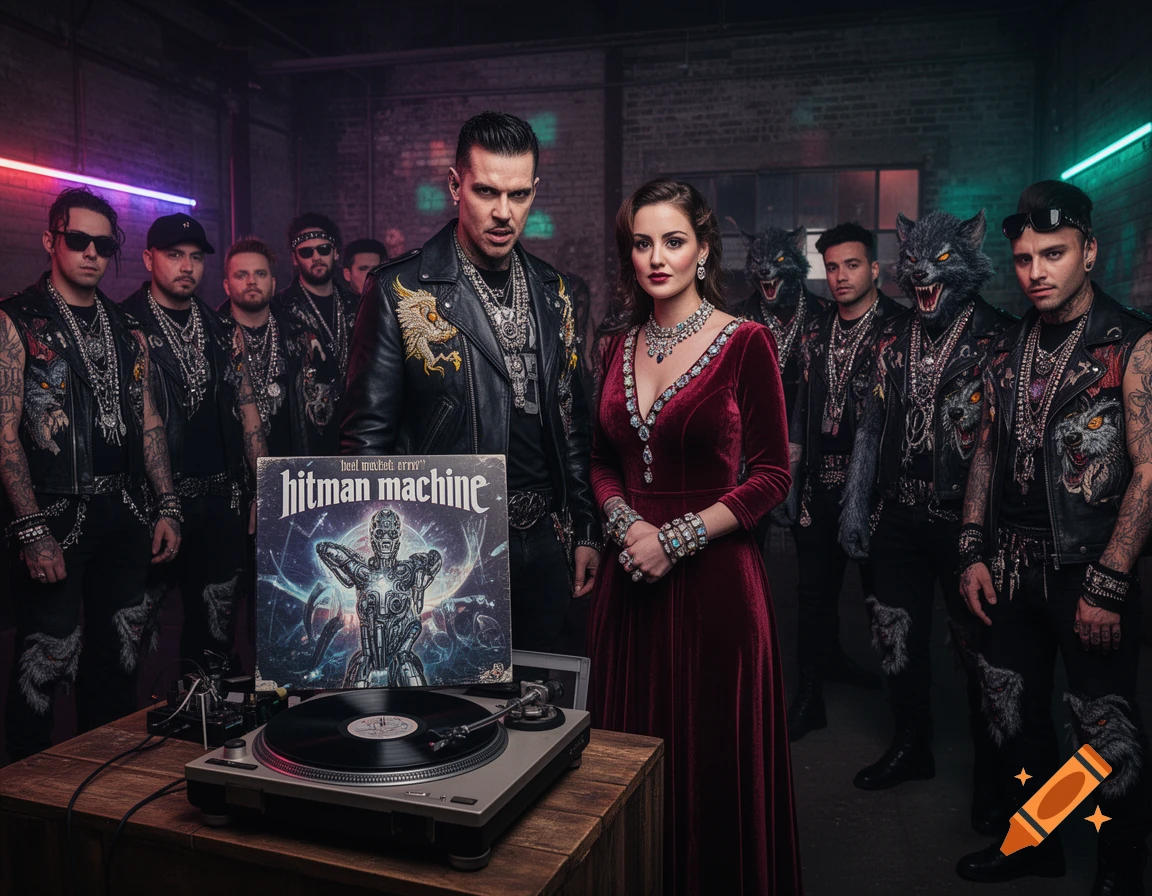 A diverse group of stern-faced individuals, some in wolf masks and studded leather, with a woman in a red velvet gown, posing around a record player displaying the 'Hitman Machine' album.