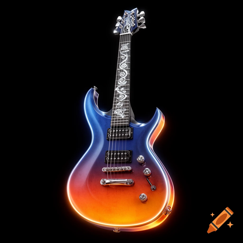 A sleek electric guitar with a blue and orange gradient finish and glowing edges, featuring decorative inlays on the fretboard, set against a black background.