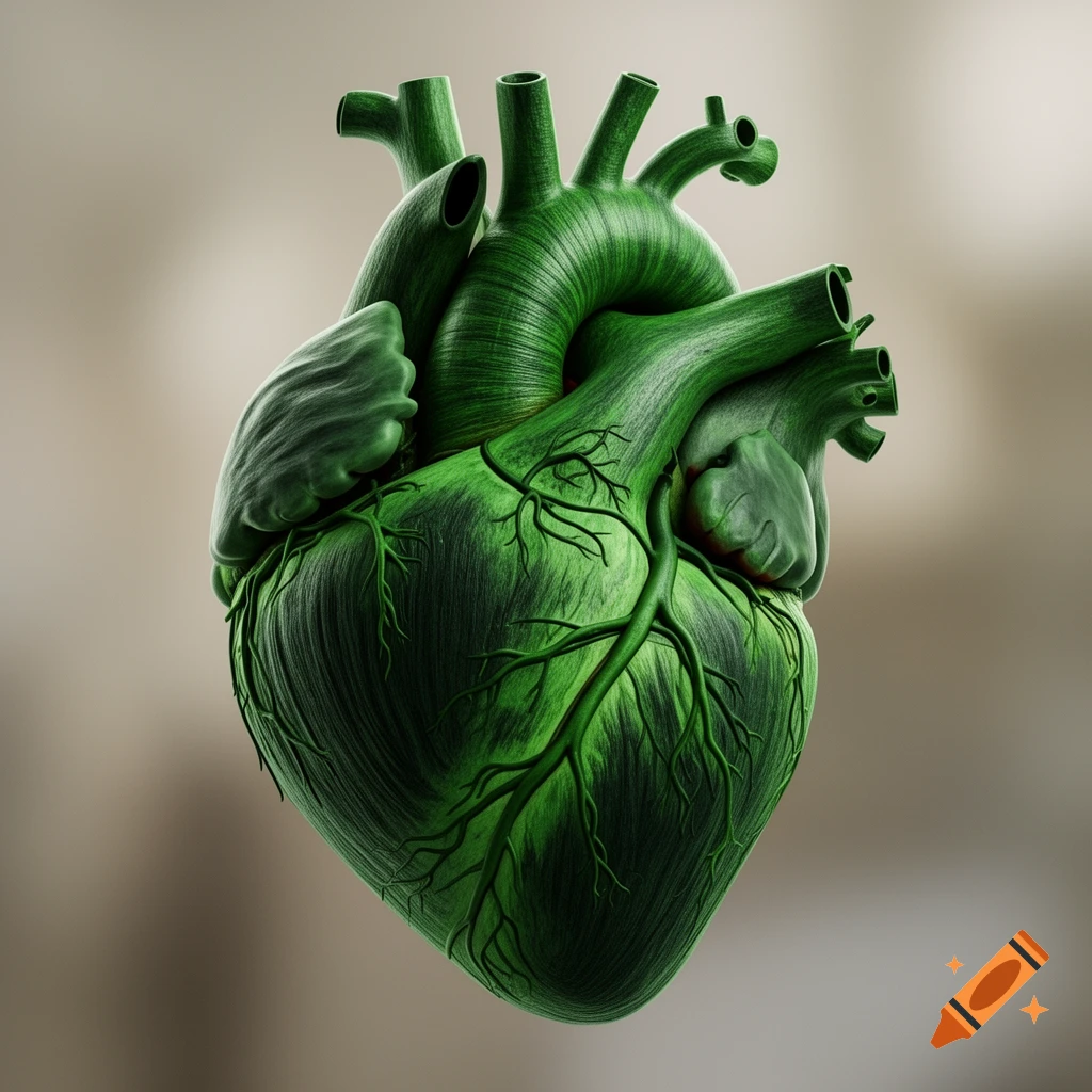 A detailed, photorealistic green human heart with intricate veins and arteries, on a blurred light background.