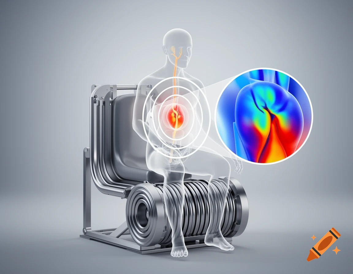A transparent schematic human figure sitting on a medical device with coils, showing internal organs and a magnified thermal map of prostate tissue in a circular zoom.