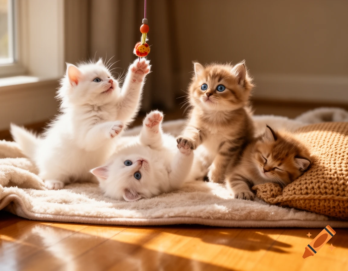 Four photorealistic kittens playing and sleeping on a fluffy blanket on a sunlit wooden floor.