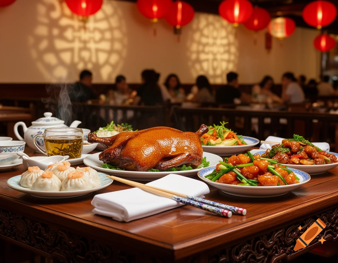 Photorealistic image of a table full of Chinese dishes, including a roasted duck and dumplings, in a restaurant with red lanterns.