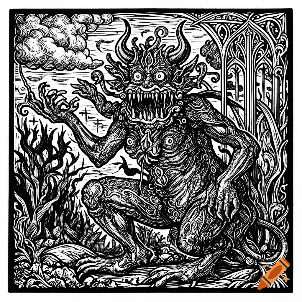 A grotesque, horned monster crouches in a forest with gothic architecture, depicted in a black and white woodcut style.