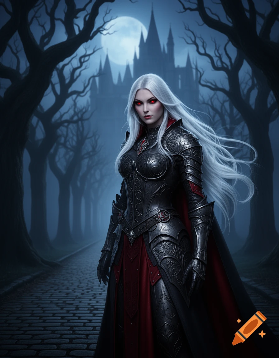 A female vampire paladin with white hair and red eyes in ornate armor stands on a path towards a gothic castle under a full moon.