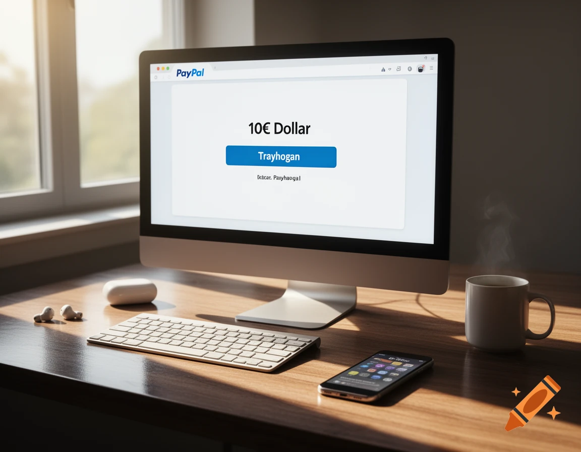 A photorealistic image of a computer screen displaying a PayPal transaction for 10 Euros and Dollars to Trayhogan, with a keyboard, phone, and steaming mug on a wooden desk next to a window.
