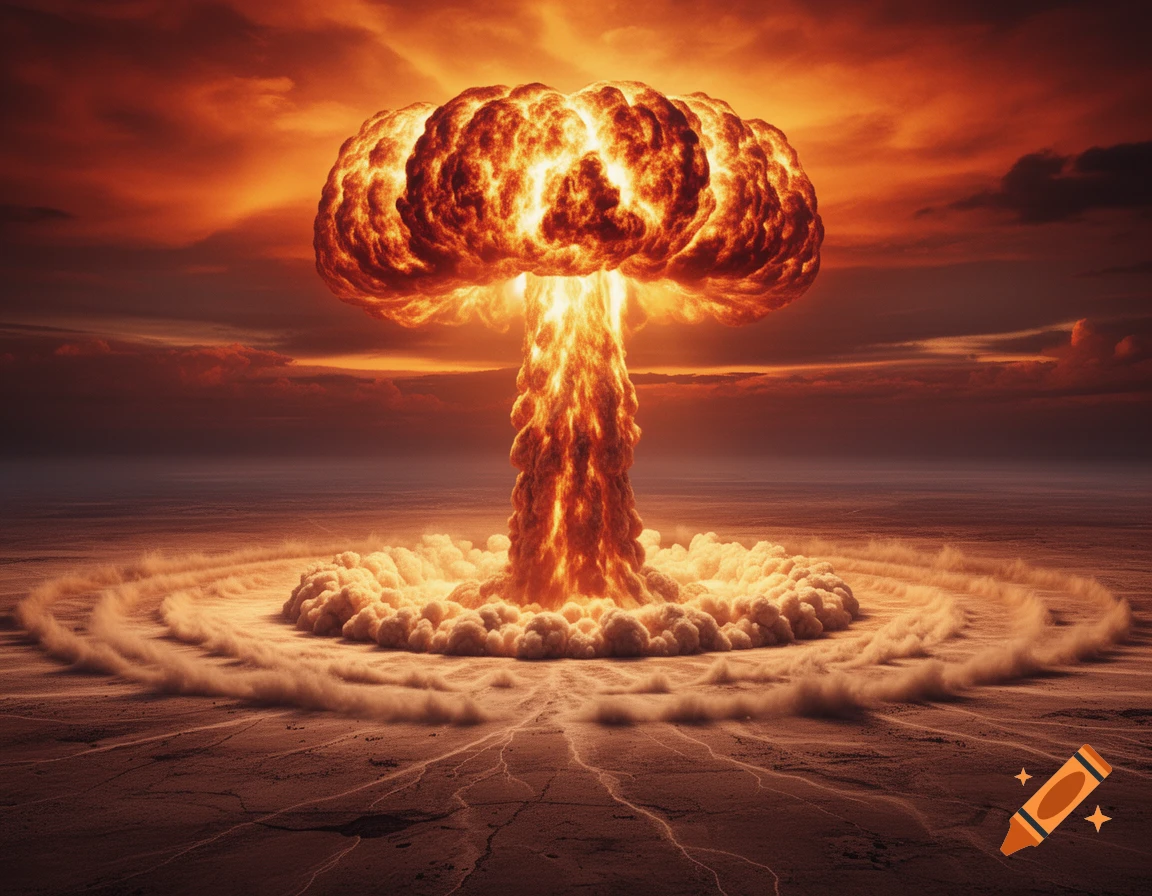 Photorealistic image of a giant atomic mushroom cloud rising from a desolate, cracked landscape under a fiery orange sky.