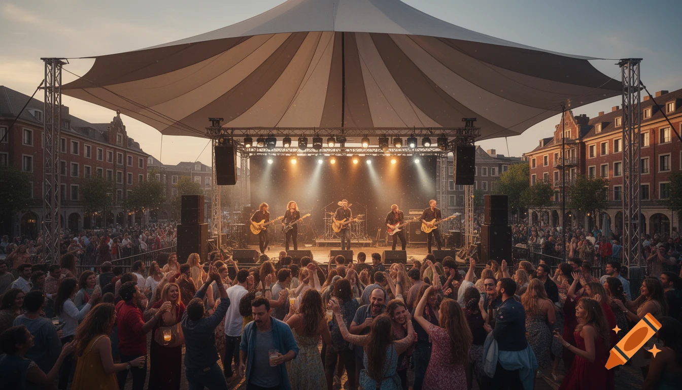 A live band performs on an outdoor stage at a lively evening concert, with a large crowd dancing and celebrating under a striped canopy. Photorealistic.