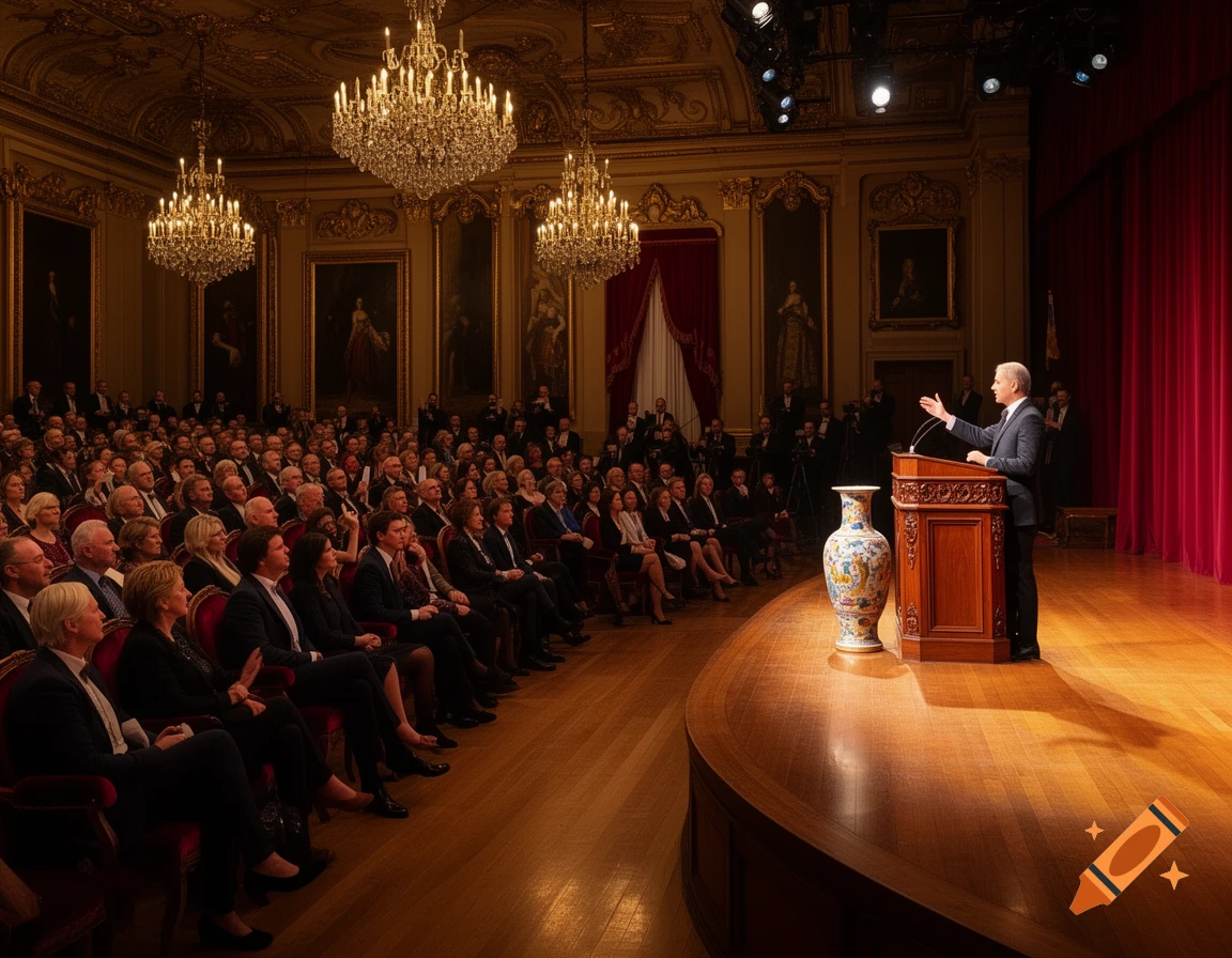 A man speaks at a podium on a brightly lit wooden stage to a large audience in an ornate hall with chandeliers.