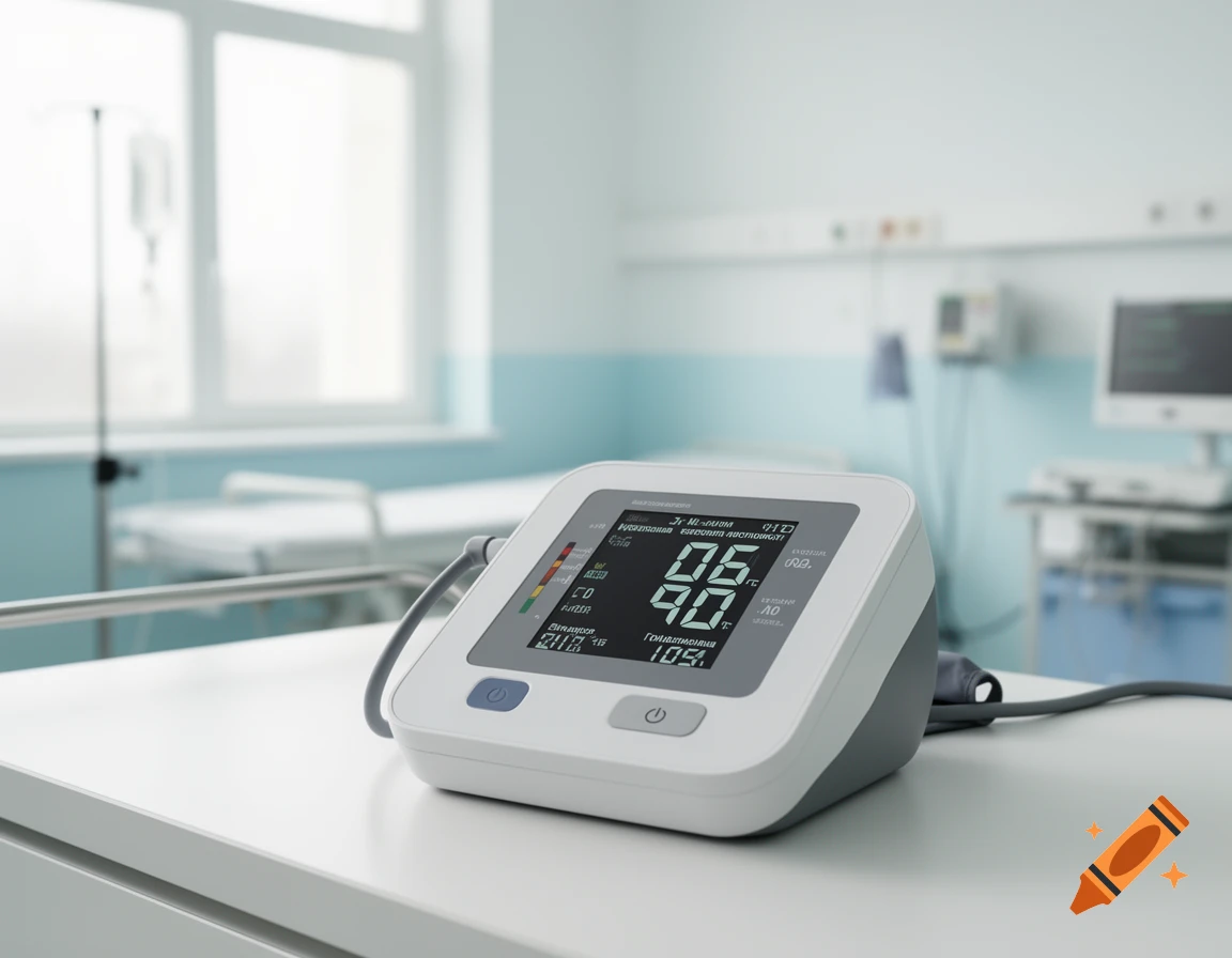 A blood pressure monitor on a white table in a bright, modern hospital room with a blurred background of a bed and medical equipment.