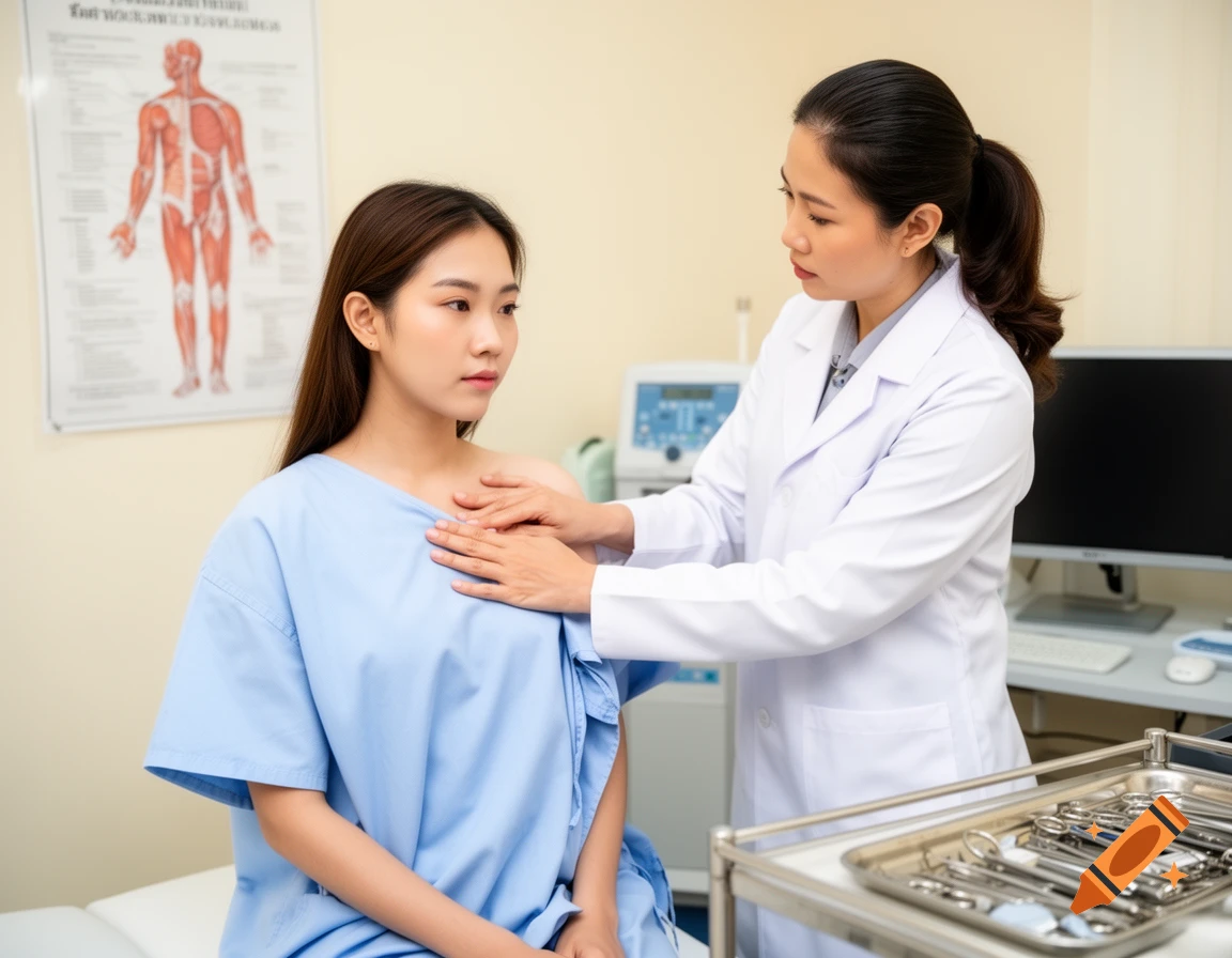 A female doctor examines a patient wearing a light blue gown in a clean medical examination room.