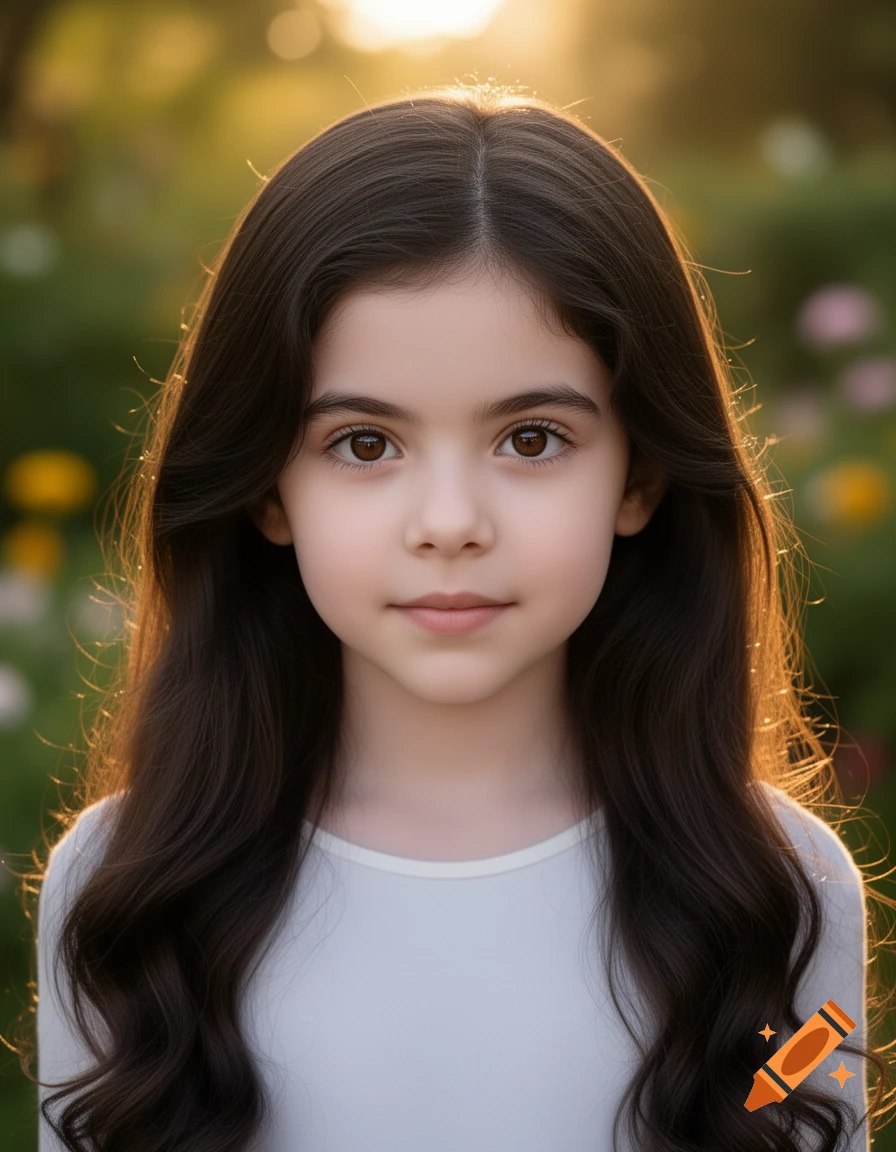 Photorealistic portrait of a young girl with long dark hair and dark eyes, looking forward in soft outdoor light with a blurred green background.