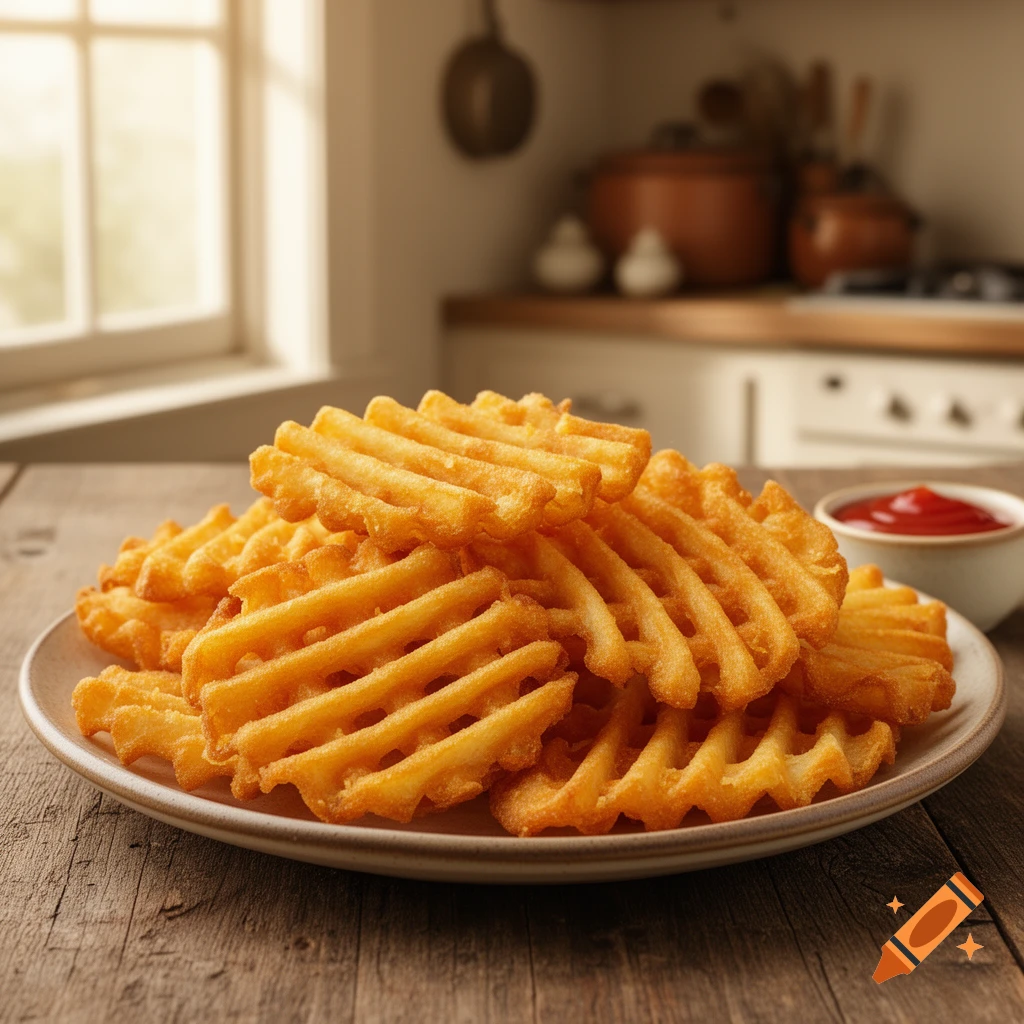 Close-up of golden, crispy waffle fries piled on a plate, with a small bowl of ketchup in a blurred kitchen background.