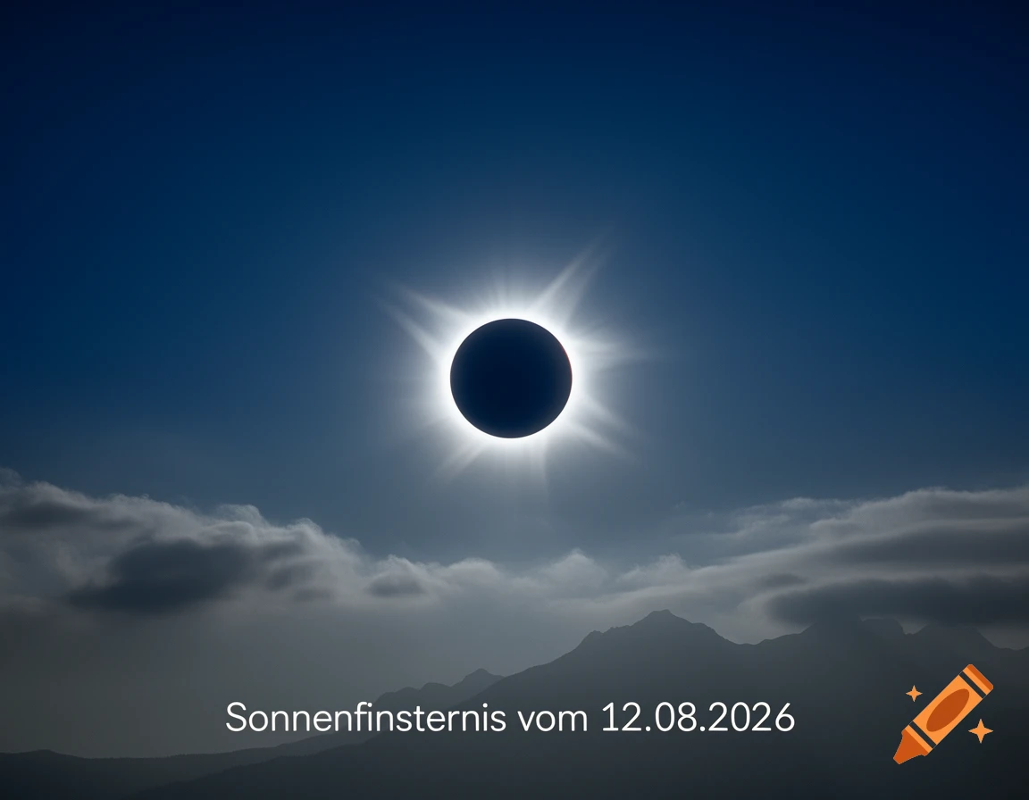 A vibrant photorealistic image of a total solar eclipse in a dark blue sky, with bright light radiating around the black sun, above silhouetted mountains and clouds. Text at the bottom reads "Sonnenfinsternis vom 12.08.2026".
