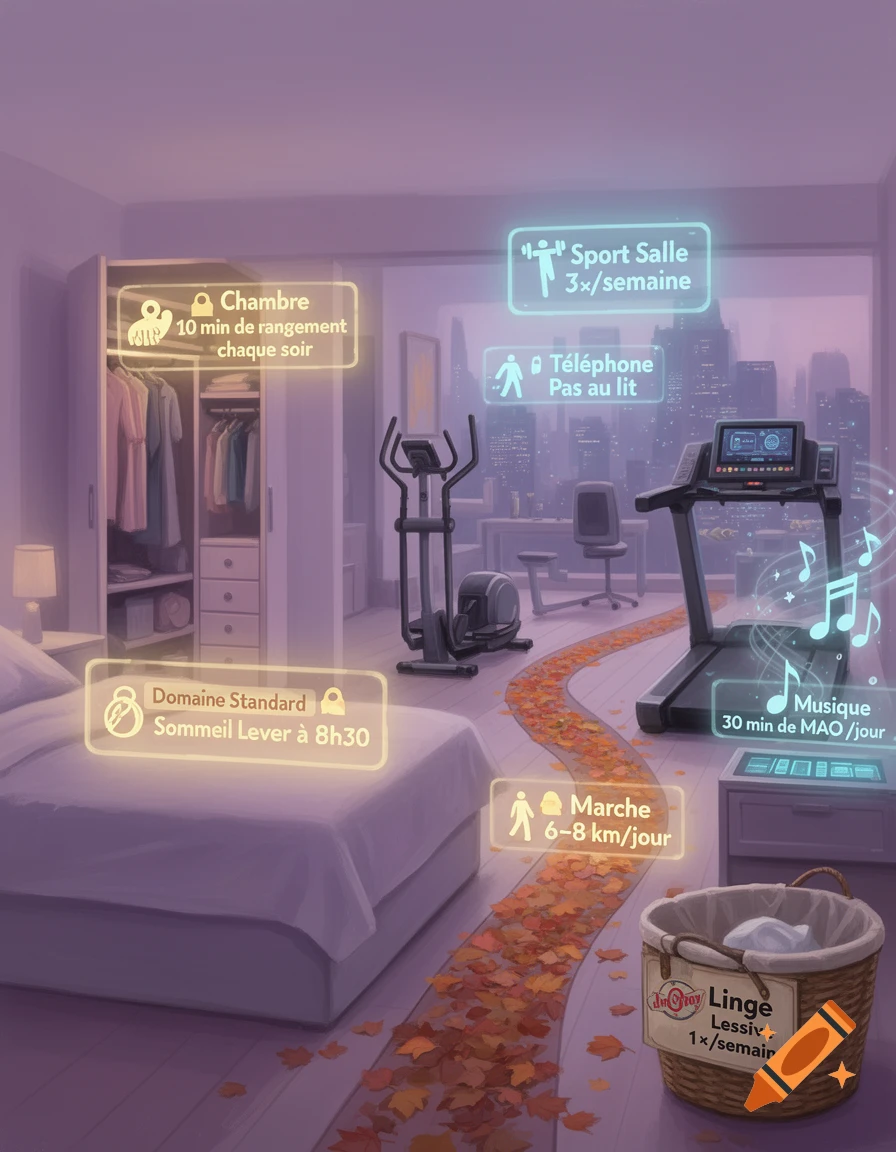 Illustrated bedroom with gym equipment, a city view, glowing labels showing daily routines, and a path of autumn leaves.