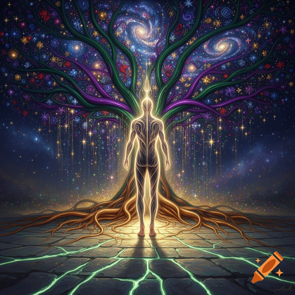 Vibrant fantasy art of a glowing human figure standing before a cosmic tree of life with starry branches and bioluminescent roots.
