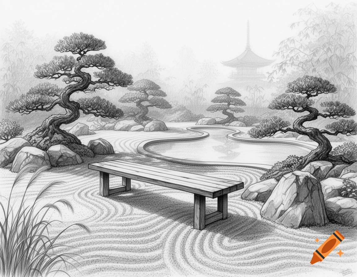 A black and white pen drawing of a peaceful zen garden featuring a wooden bench, bonsai trees, a pond, raked gravel, and a distant pagoda.