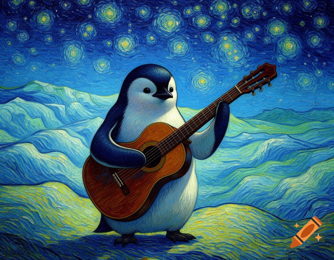 A cartoon penguin plays a guitar under a swirling, starry night sky in a vibrant Van Gogh-inspired painting.