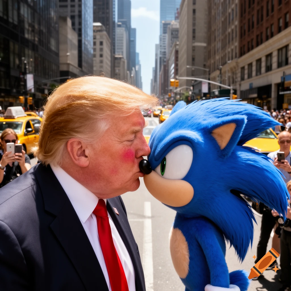 Photorealistic image of Donald Trump and Sonic the Hedgehog touching noses on a busy New York City street.