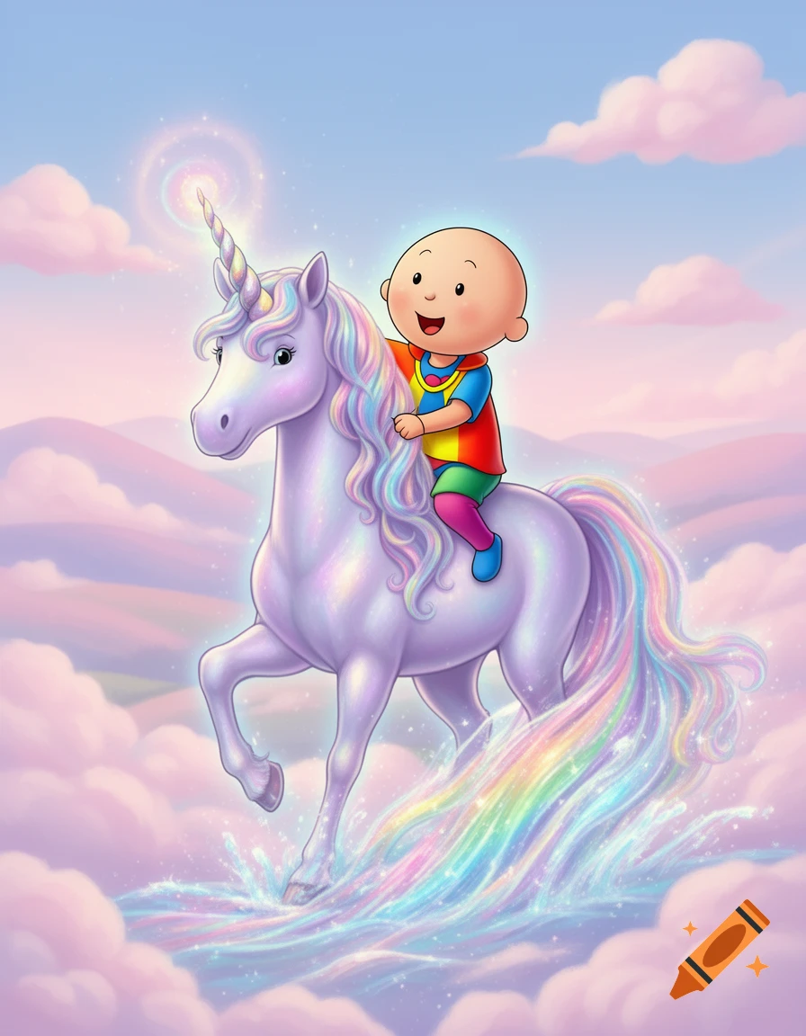 Caillou joyfully rides a magical, sparkly unicorn with a rainbow mane and tail, through a sky filled with pastel clouds.