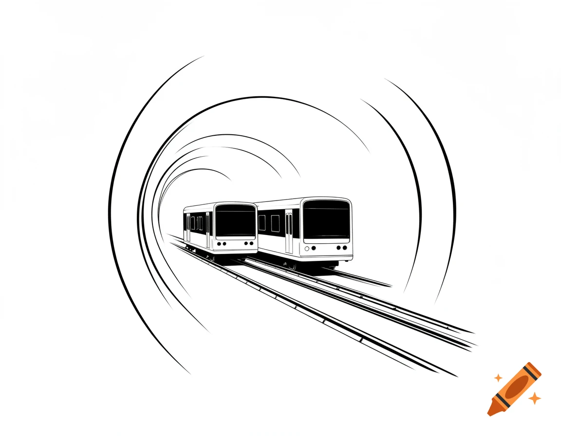 A minimalist black and white line art illustration shows two trains on parallel tracks, speeding through a tunnel with swirling lines.