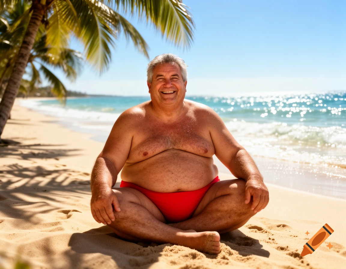 A smiling, overweight man in a red speedo sits cross-legged on a sunny beach with palm trees and ocean.