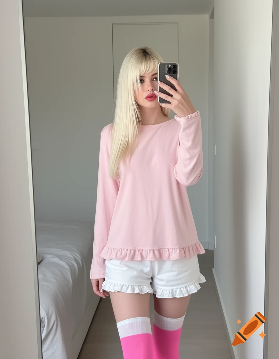 A blonde woman in a pink top, white ruffled shorts, and pink thigh-high socks takes a mirror selfie in a room.