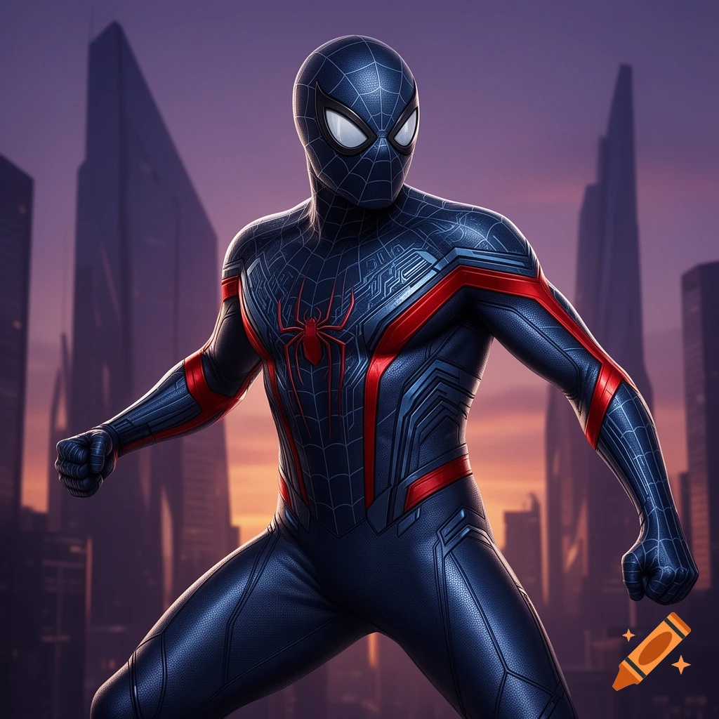 A detailed illustration of a superhero, Spider-Man, in a black and red suit with intricate web patterns, standing against a city skyline at sunset.