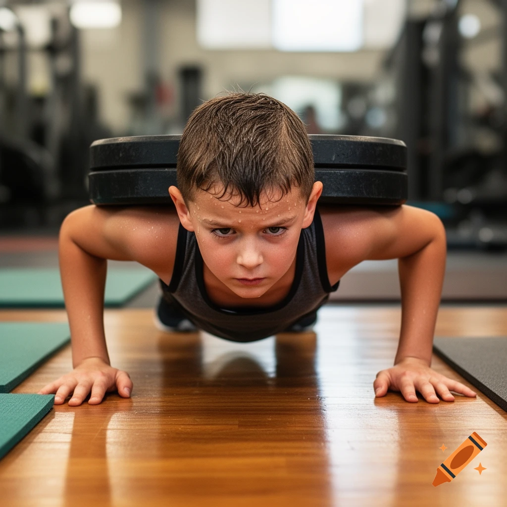 Young boy doing push-ups with two heavy weights on his back on a wooden gym floor, looking determined.