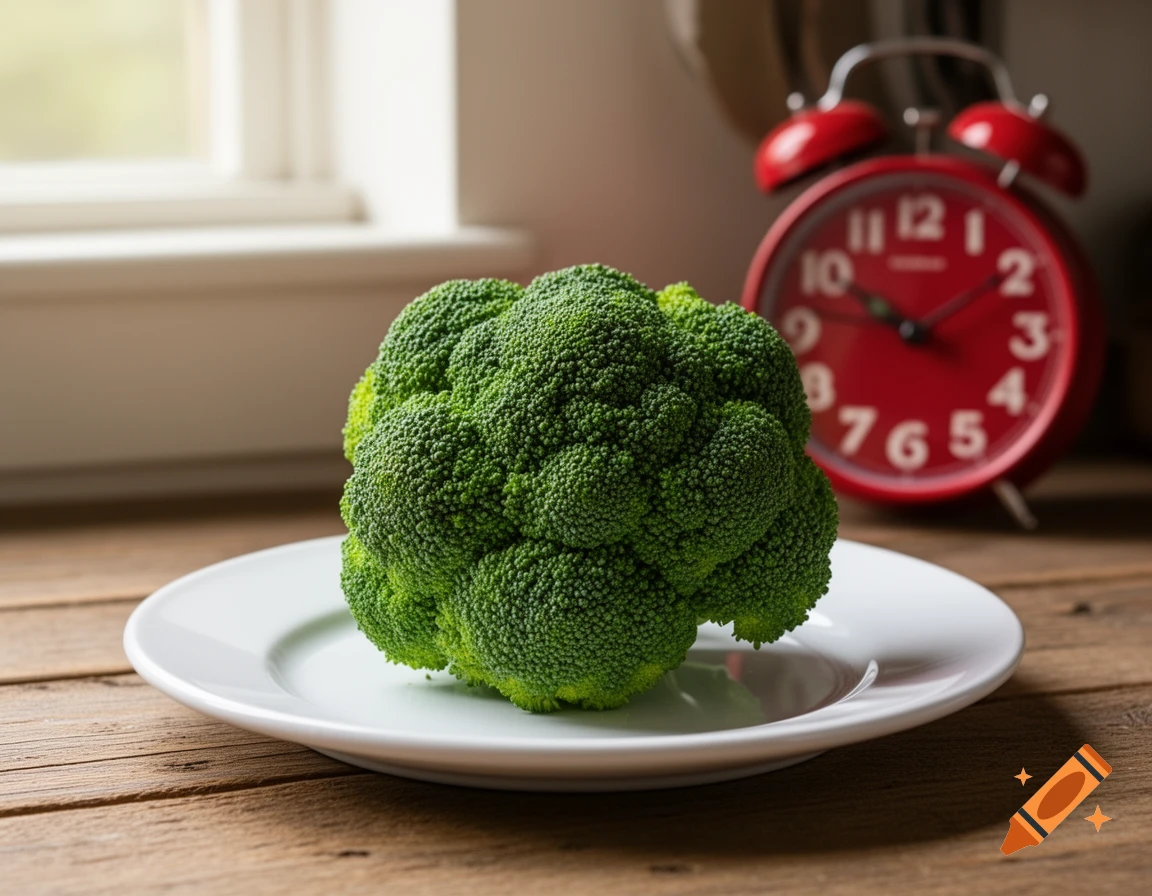 A close-up, photorealistic image of a fresh head of broccoli on a white plate, with a blurred red alarm clock in the background.