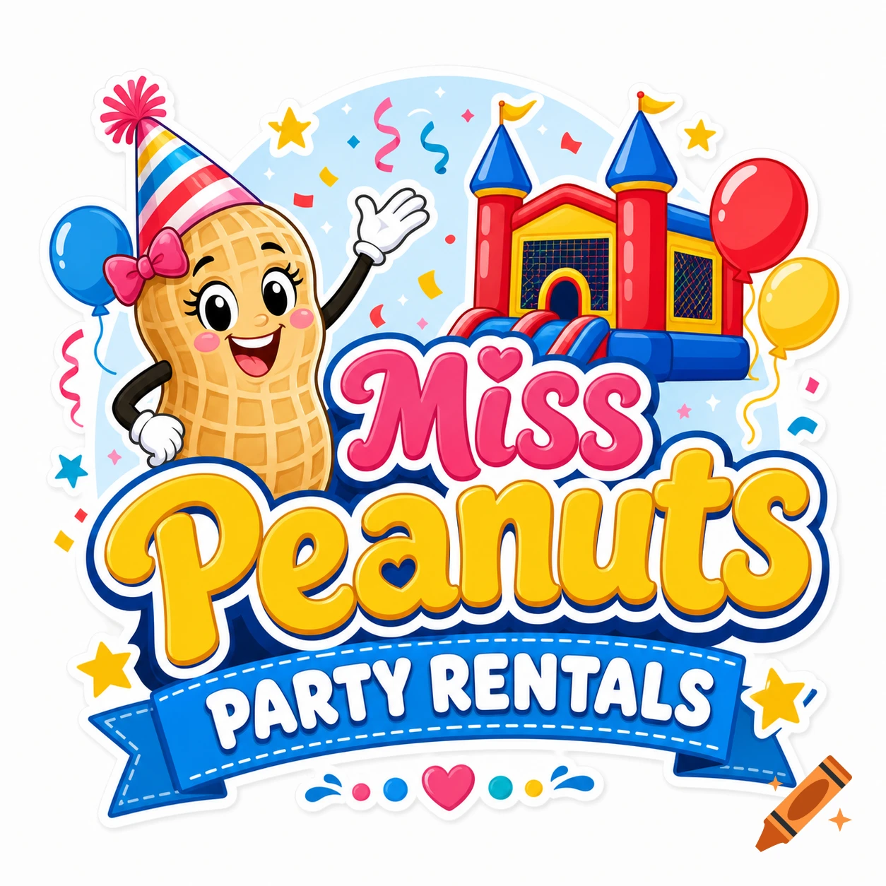 Colorful cartoon logo for Miss Peanuts Party Rentals, featuring a peanut character in a party hat, a bounce house, and balloons.