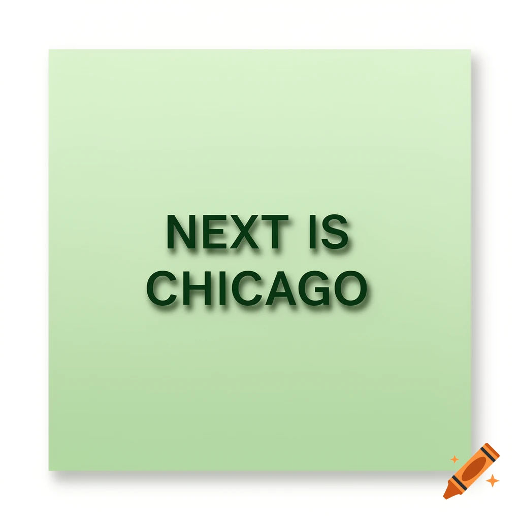 A light green square with the dark green words 'NEXT IS CHICAGO' centered on it.