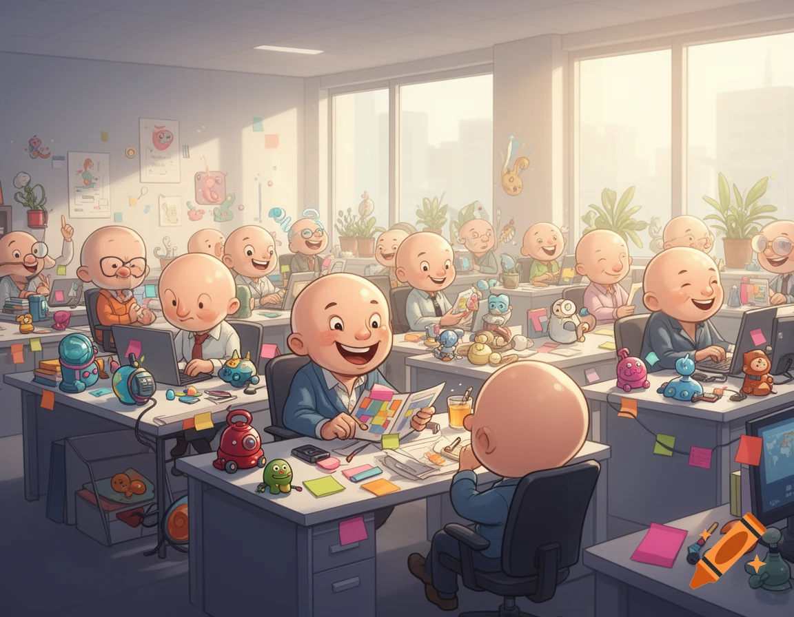 A cartoon illustration of many smiling bald men working happily in a bright, colorful office filled with quirky desk objects.