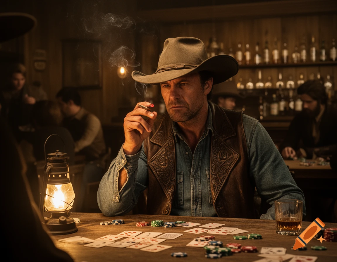A rugged cowboy in a hat and vest smokes a cigarette while intently playing poker at a dimly lit wooden table in a saloon, a lantern glowing beside him.