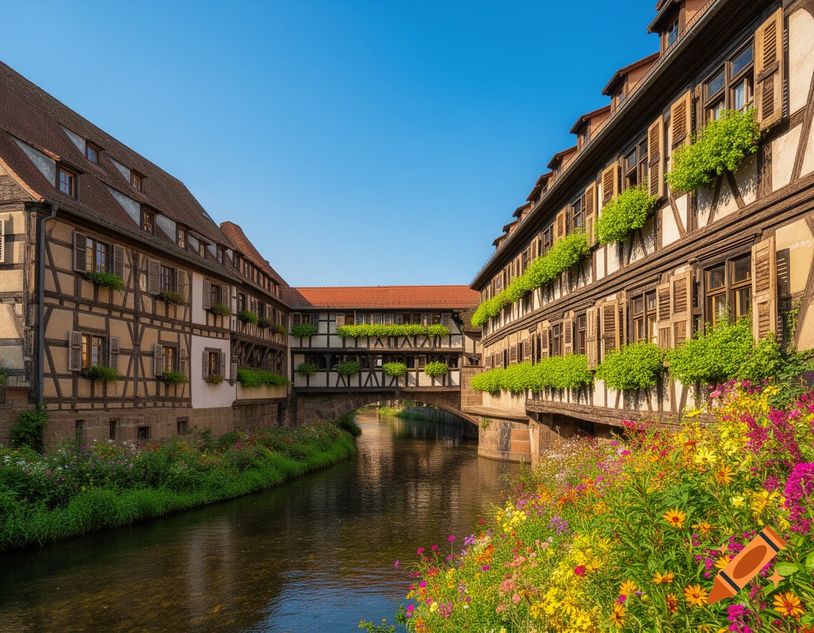 Photorealistic view of historic European half-timbered buildings along a canal, with a covered bridge and vibrant flowers in the foreground.