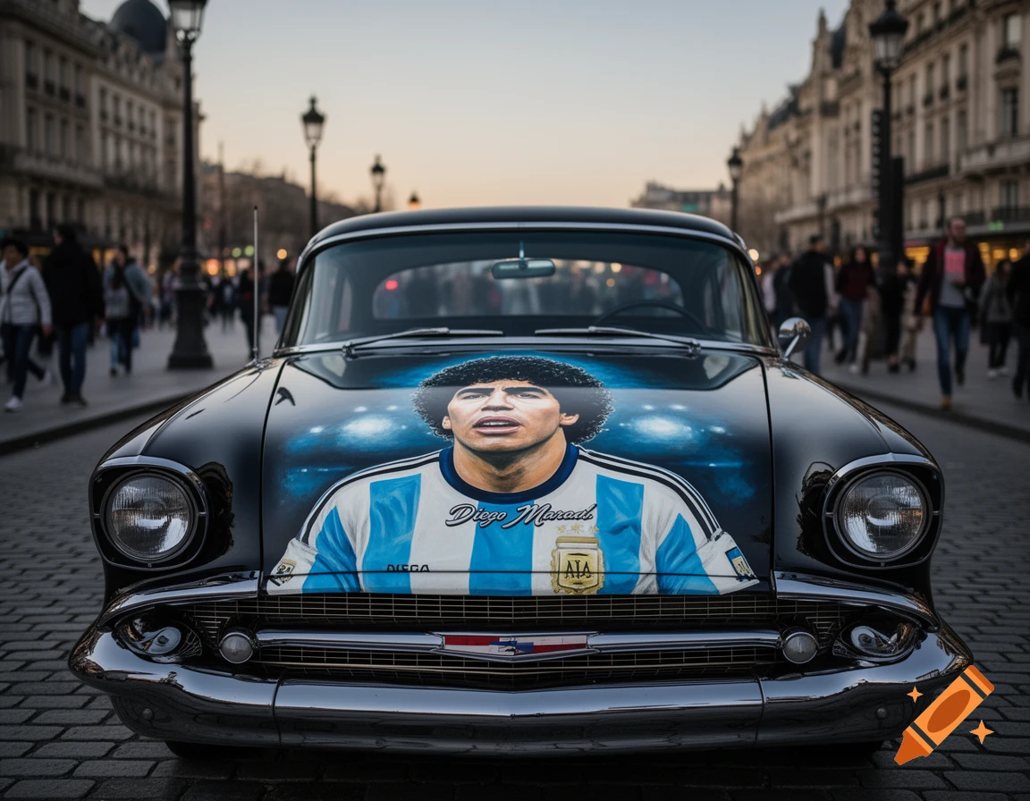 A black classic car with a detailed airbrush painting of footballer Diego Maradona on the hood, parked on a cobblestone city street with blurred people in the background at dusk, photorealistic.
