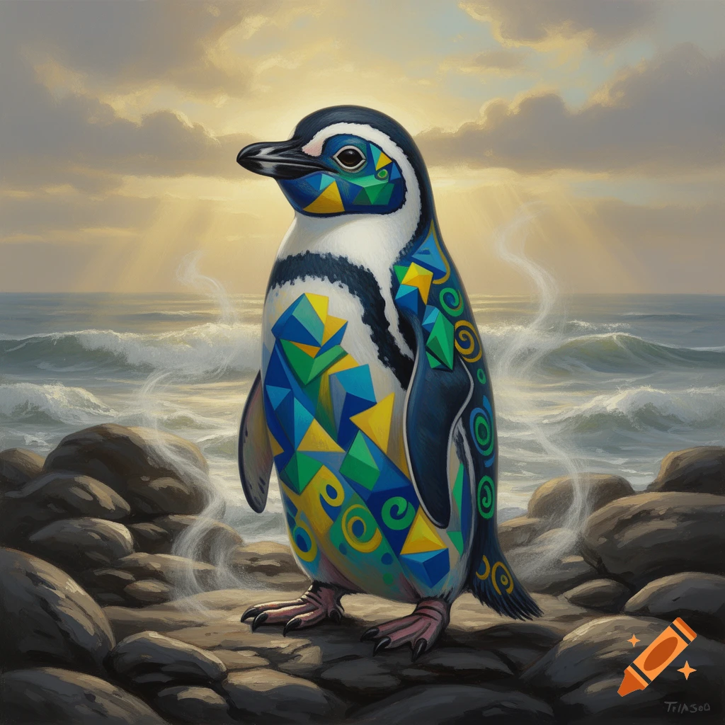 A stylized Magellanic penguin with colorful geometric patterns stands on a rocky beach by the ocean under a sunrise sky.